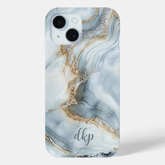 Monogram Blauw Wit Zilver Goud Marmeren Werveltje Case-Mate iPhone Case (Achterkant)