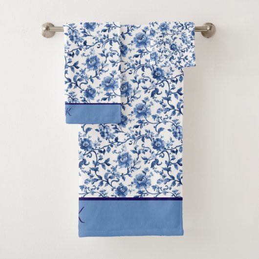 Monogram Blauw Witte Bloem Motief Chinoiserie Bad Handdoek (Insitu)