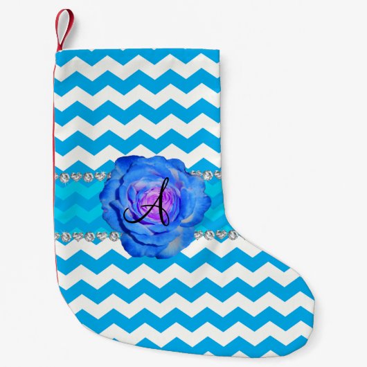 Monogram blauw witte chevrons blauw roos kleine kerstsok (Voorkant)