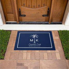 Monogram Blauw Witte Palmboom Persoonlijk Deurmat