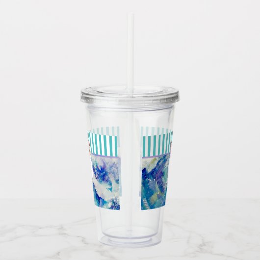Monogram Blauw Zee Abstracte Seashell Stripes Acryl Drinkbeker (Rechts)