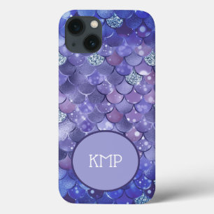 Monogram Blauw Zilver Glitter Zeemeermin Schubben Case-Mate iPhone Case
