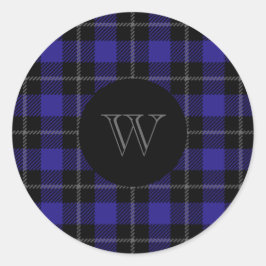 Monogram blauw zwart geruit ronde sticker