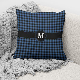 Monogram Blauw & Zwart Gingham Geruit Patroon Kussen