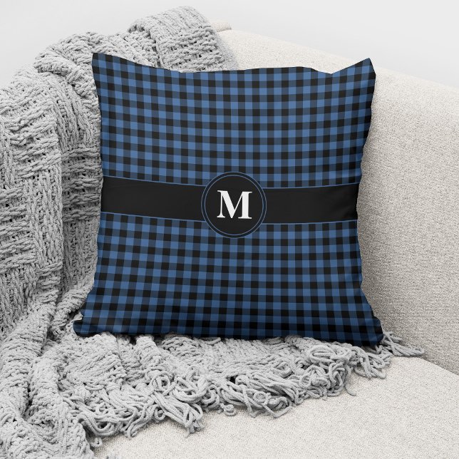 Monogram Blauw & Zwart Gingham Geruit Patroon Kussen (Creator heeft geüpload)