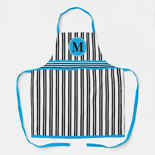 Monogram Blauw Zwart Witte Stripe Lijn Patroon Schort (Voorkant)