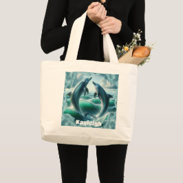 Monogram Blauwe Blauwgroen Dolfijnen Oceaan | Grote Tote Bag