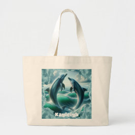 Monogram Blauwe Blauwgroen Dolfijnen Oceaan | Grote Tote Bag