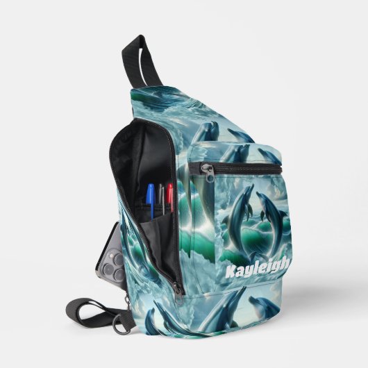 Monogram Blauwe Blauwgroen Dolfijnen Oceaan | Sling Bag (Open)