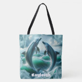 Monogram Blauwe Blauwgroen Dolfijnen Oceaan | Tote Bag (Voorkant)