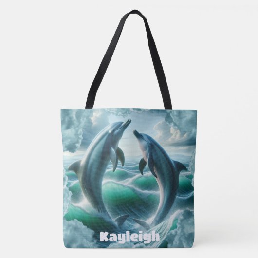 Monogram Blauwe Blauwgroen Dolfijnen Oceaan | Tote Bag (Voorkant)