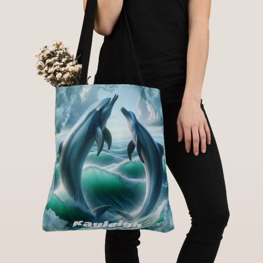 Monogram Blauwe Blauwgroen Dolfijnen Oceaan | Tote Bag (Dichtbij)