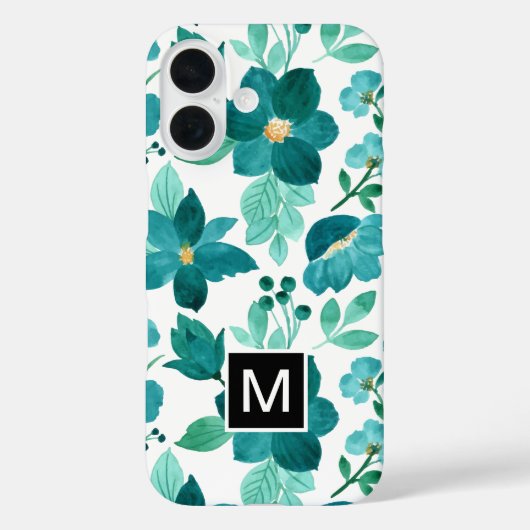 Monogram blauwe bloem patroon iPhone case (Achterkant)