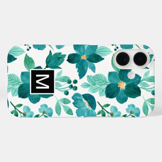 Monogram blauwe bloem patroon iPhone case (Achterkant (horizontaal))