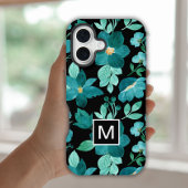 Monogram blauwe bloem patroon iPhone case 16 Hoesje
