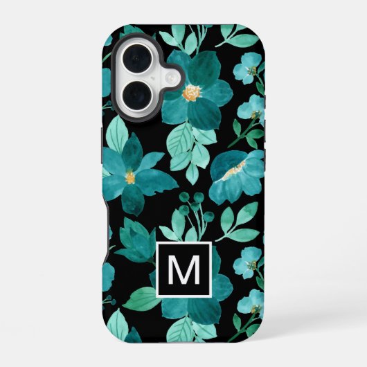 Monogram blauwe bloem patroon iPhone case iPhone 16 Hoesje (Achterkant)