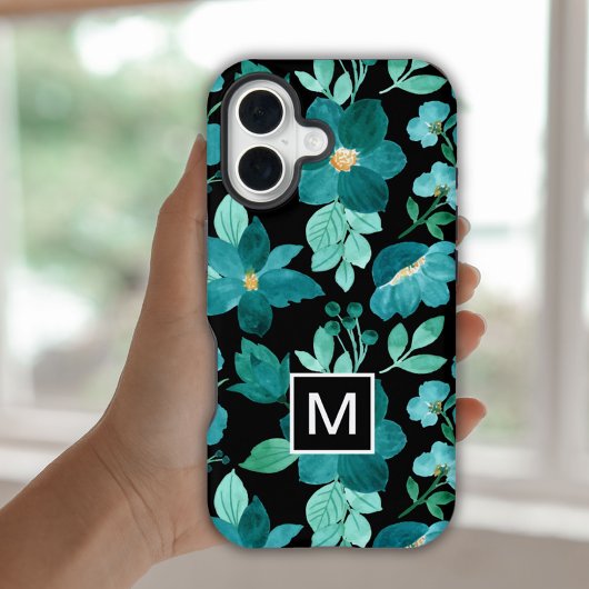 Monogram blauwe bloem patroon iPhone case iPhone 16 Hoesje