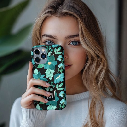 Monogram blauwe bloem patroon iPhone case iPhone 16 Hoesje