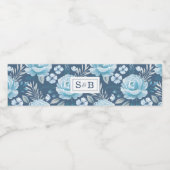 Monogram Blauwe Bloemen Huwelijk Waterfles Etiket (Enkel label)