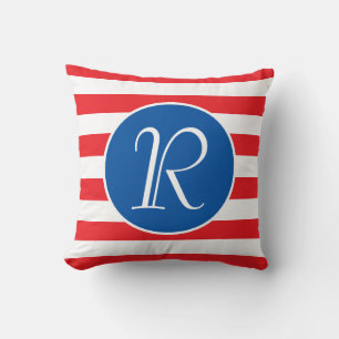 Monogram blauwe cirkel   Rode & witte streep Kussen