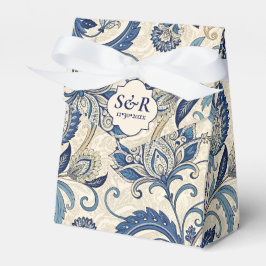  Monogram Blauwe Crème Damask Bloemenbruiloft Bedankdoosjes
