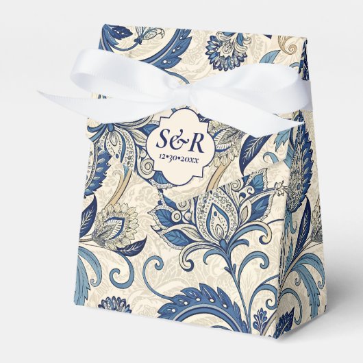  Monogram Blauwe Crème Damask Bloemenbruiloft Bedankdoosjes (Voorkant Zijde)