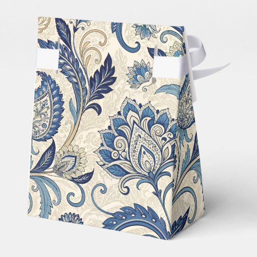  Monogram Blauwe Crème Damask Bloemenbruiloft Bedankdoosjes (Achterkant)