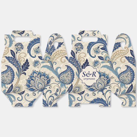  Monogram Blauwe Crème Damask Bloemenbruiloft Bedankdoosjes (Ongevouwen)