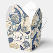 Monogram Blauwe Crème Damask Bloemenbruiloft Bedankdoosjes (Geopend)