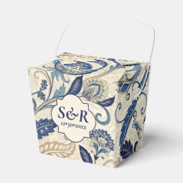  Monogram Blauwe Crème Damask Bloemenbruiloft Bedankdoosjes
