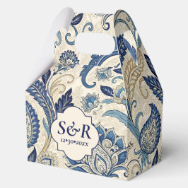  Monogram Blauwe Crème Damask Bloemenbruiloft Bedankdoosjes