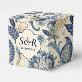  Monogram Blauwe Crème Damask Bloemenbruiloft Bedankdoosjes