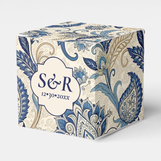  Monogram Blauwe Crème Damask Bloemenbruiloft Bedankdoosjes (Voorkant Zijde)