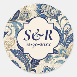  Monogram Blauwe Crème Damask Bloemenbruiloft Ronde Sticker