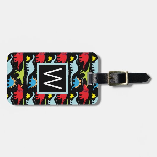 Monogram | Blauwe dinosauriërs Bagagelabel (Voorkant horizontaal)