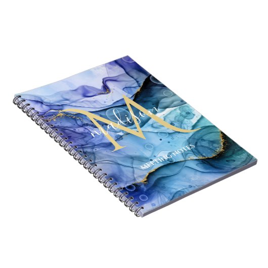 Monogram Blauwe en goudvocht Alcohol Inkt Abstract Notitieboek (Rechterzijde)