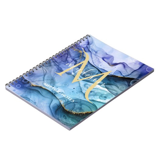 Monogram Blauwe en goudvocht Alcohol Inkt Abstract Notitieboek (Linkerzijde)