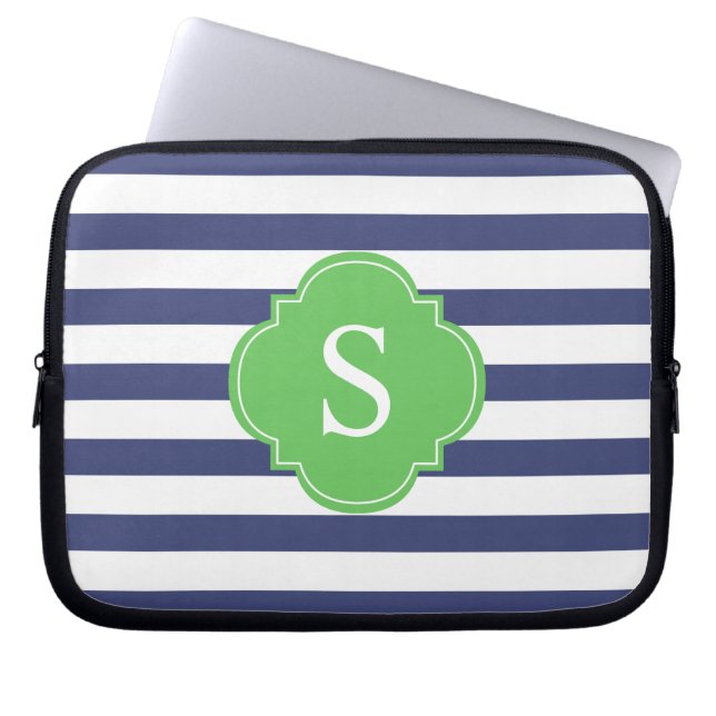 Monogram blauwe en groene strepen laptop sleeve (Voorkant)