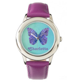 Monogram blauwe en Paarse vlindernaam Horloge