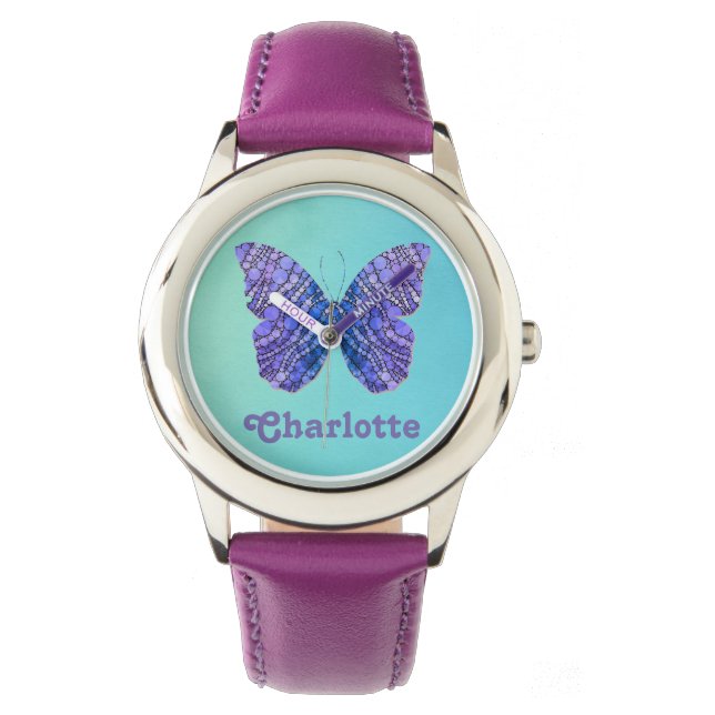 Monogram blauwe en Paarse vlindernaam Horloge (Voorkant)
