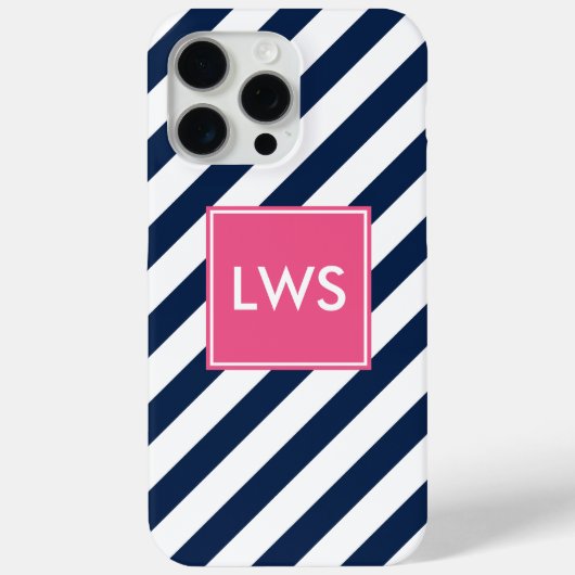Monogram blauwe en roze diagonale strepen Case-Mate iPhone case (Achterkant)