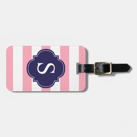 Monogram blauwe en roze strepen bagagelabel (Voorkant horizontaal)
