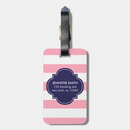 Monogram blauwe en roze strepen bagagelabel (Achterkant verticaal)