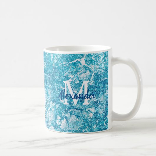 Monogram blauwe en witte marmer koffiemok (Rechts)