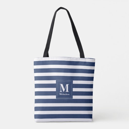 Monogram blauwe en witte streep tote bag (Achterkant)