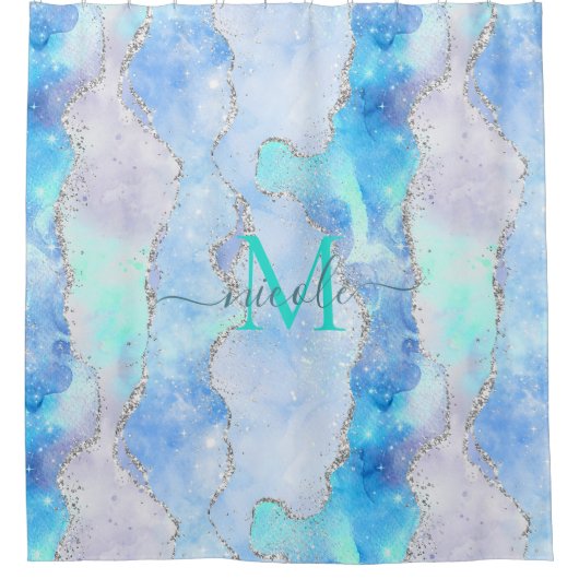 Monogram Blauwe Galaxy Glitter Agaat Douchegordijn (Voorkant)