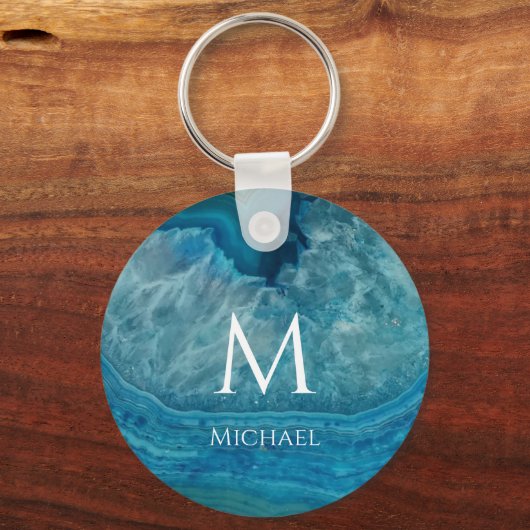 Monogram Blauwe Geode Initiaal & Naam Modern Agaat Sleutelhanger (Voorkant)