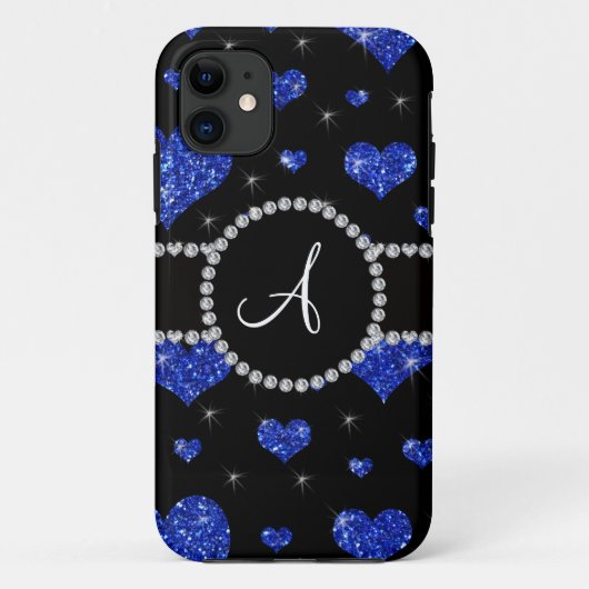Monogram blauwe glitter harst zwarte diamantcirkel Case-Mate iPhone case (Achterkant)