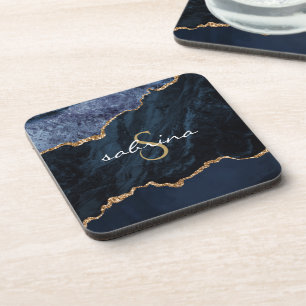 Monogram Blauwe Goud Agaat Geode Bier Onderzetter