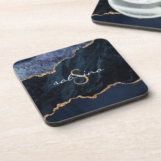 Monogram Blauwe Goud Agaat Geode Bier Onderzetter (Linkerzijde)